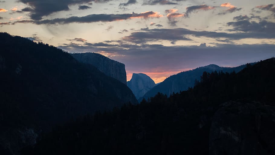 silhouette photo of mountains at sunset, silhouette of mountains HD wallpaper