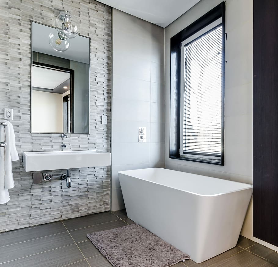 white ceramic bathtub near white framed window, white ceramic bathtub beside window HD wallpaper