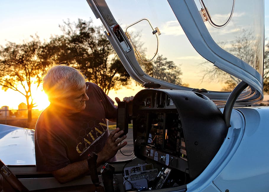 people, old, man, working, aircraft, cockpit, trees, plant HD wallpaper