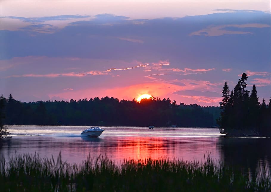 white boat on body of water during sunset, nature, landscape HD wallpaper