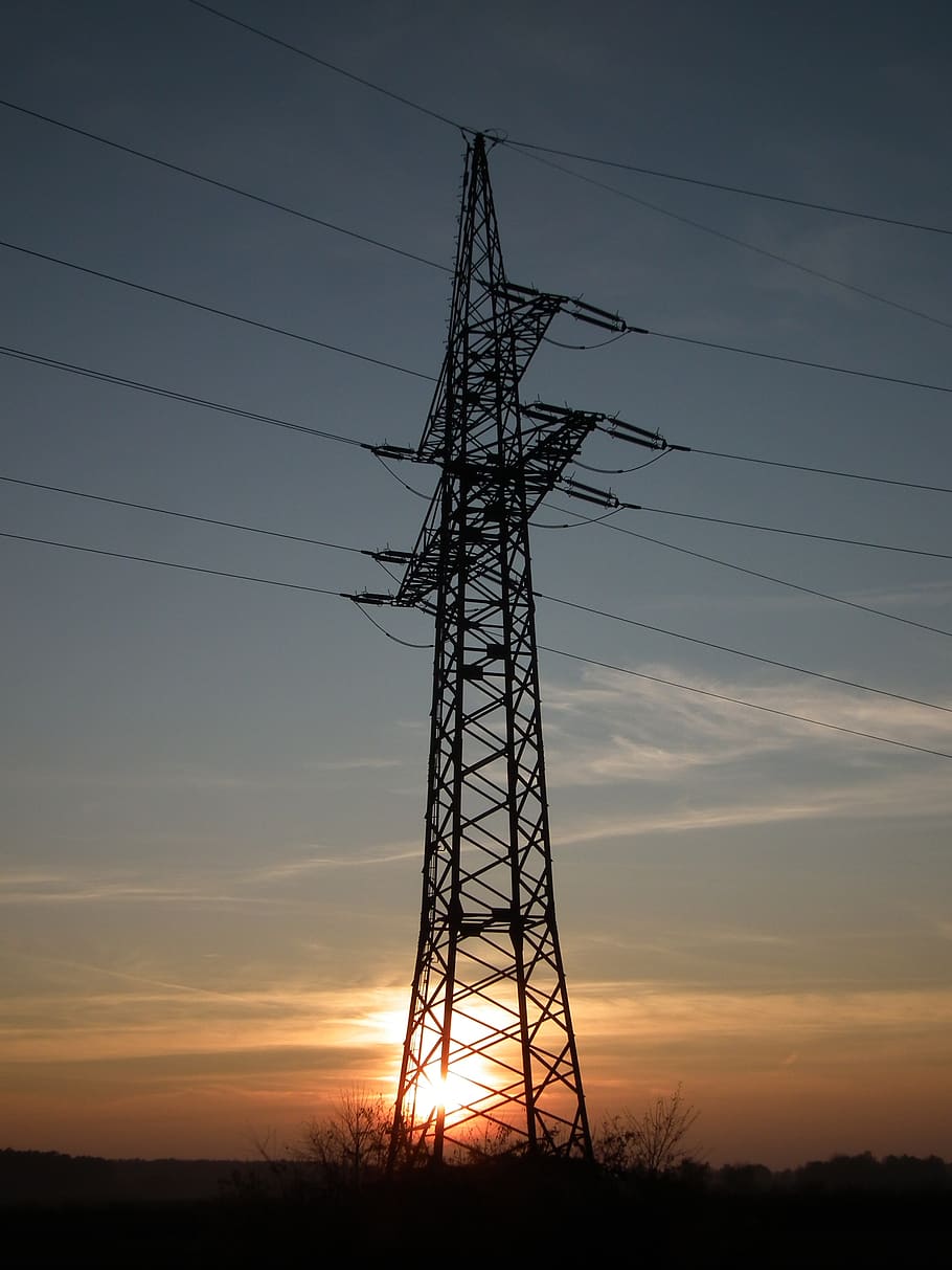 sunset, strommast, high voltage, pylon, landscape, cable, electricity, HD wallpaper