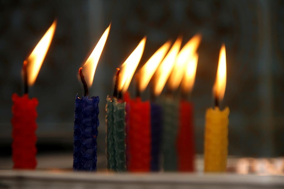 selective focus photography of two lighted blue and green rebar-style taper candles, HD wallpaper