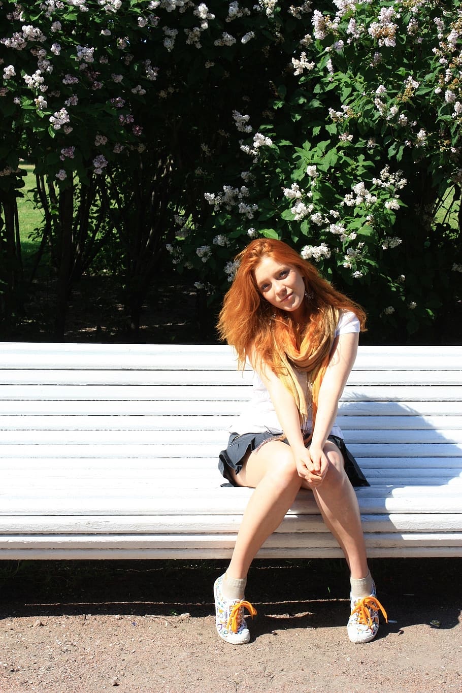 park, bench, summer, redhead, sun, girl, nature, beautiful HD wallpaper