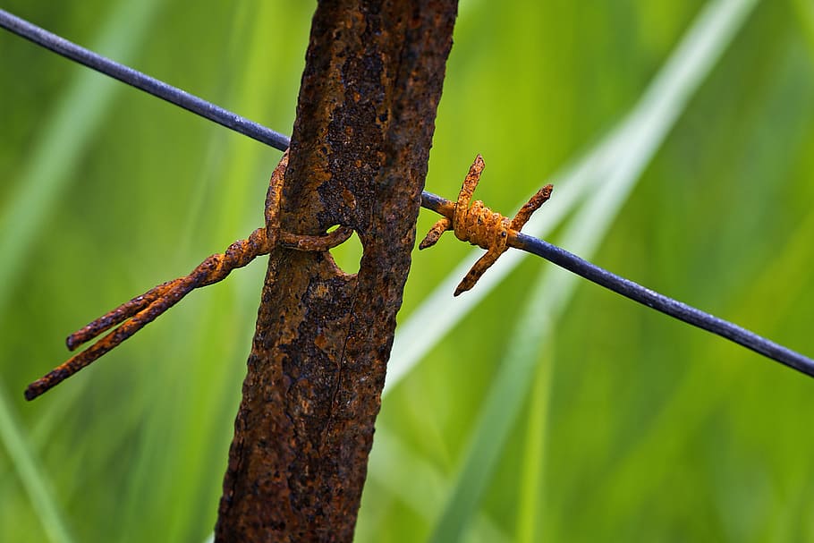 brown metal bar, fence, post, rusty, iron, wire, barbed, old HD wallpaper