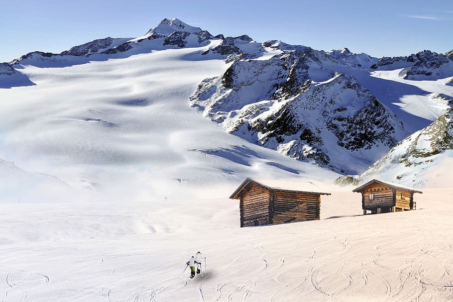 two persons walking on snow field toward house at daytime, winter HD wallpaper