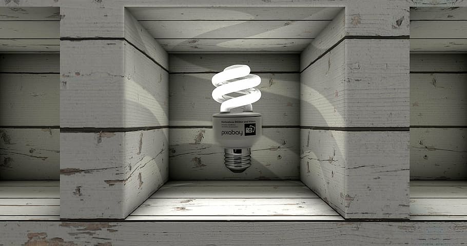white CFL bulb, lamp, light, pear, window, niche, wall, boards HD wallpaper