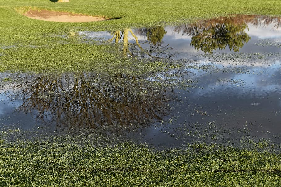 golf, golf course flooding, water, reflection, landscape, nature HD wallpaper