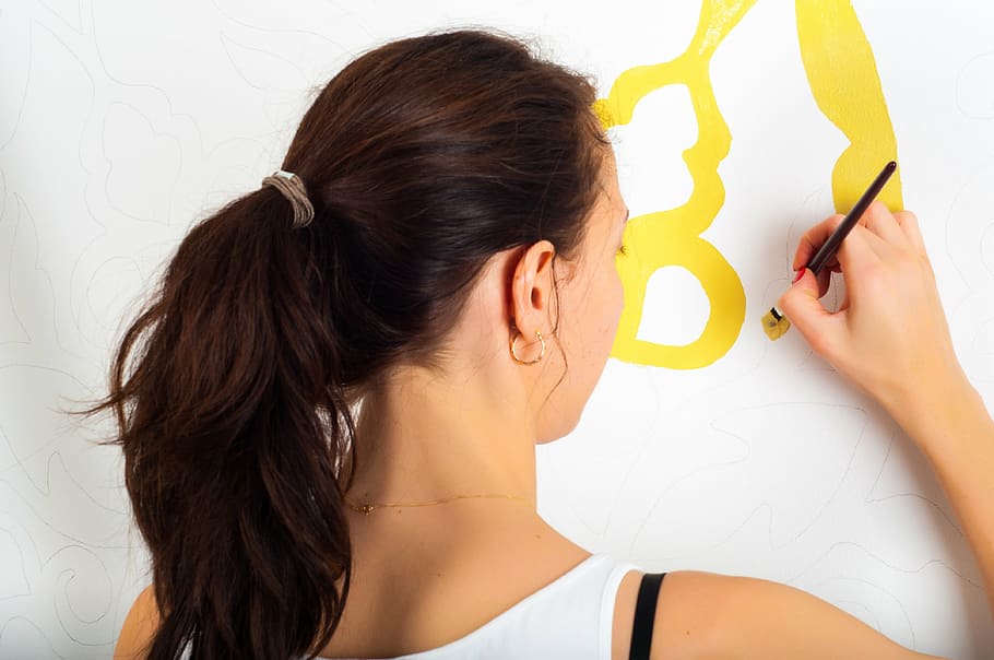 woman holding paintbrush photo, painting, wall, girl, home, house