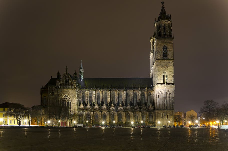 magdeburger dom, church, night, illuminated, cathedral square, HD wallpaper