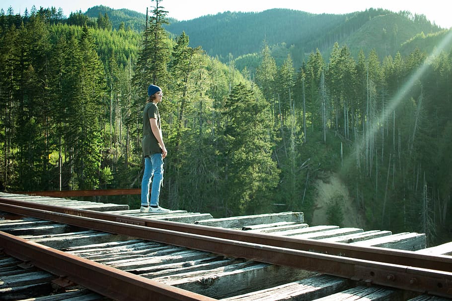 man standing on wooden bridge, man standing on brown railroad near green leafed trees HD wallpaper