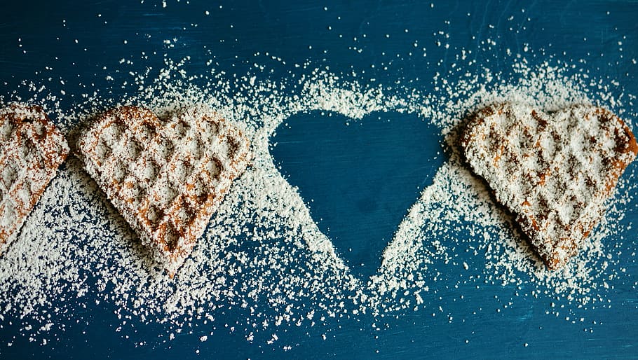 baked heart cookies, waffle heart, waffles, icing sugar, silhouette, HD wallpaper