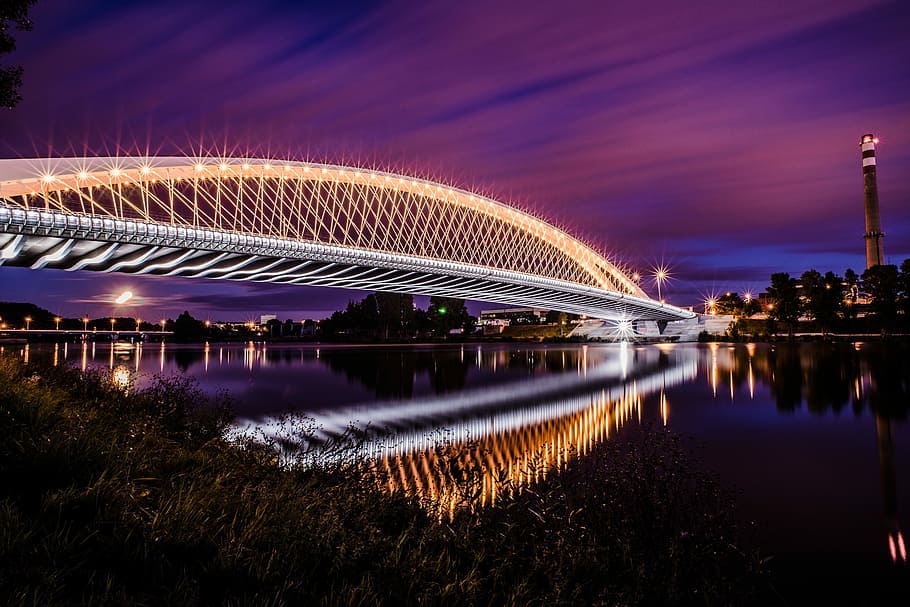 black full suspension bridge with LED lights, river, city, architecture HD wallpaper