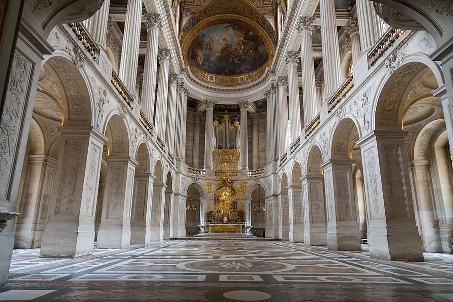 white and gray concrete cathedral interior, palace of versailles, HD wallpaper