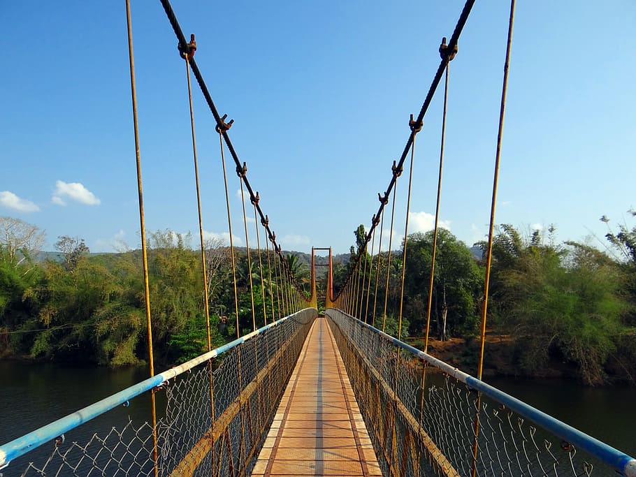hanging bridge, gangavali river, rope bridge, ramanguli, karnataka, HD wallpaper