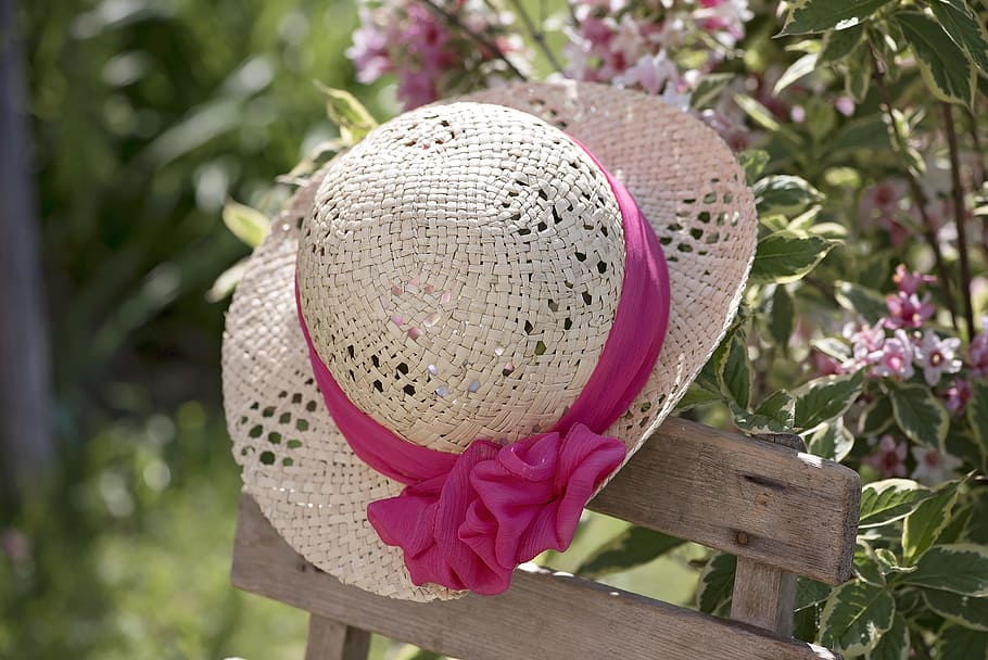 women's pink and white hat on brown chair, summer hat, straw hat HD wallpaper