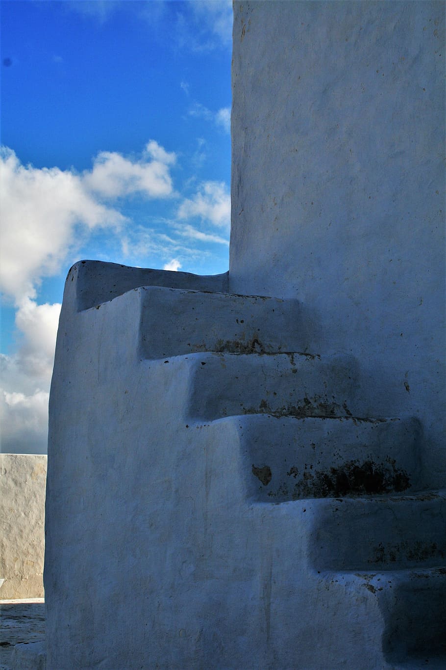 sky, stairs, white, architecture, blue, built structure, cloud - sky HD wallpaper