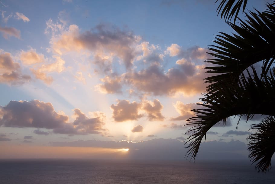 sun, clouds, abendstimmung, sea, island, mainland, sky, sunset HD wallpaper