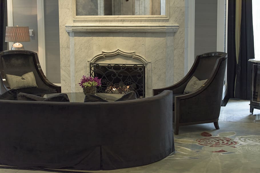 black suede couch with two armchairs, fireplace, sofa, comfortable HD wallpaper