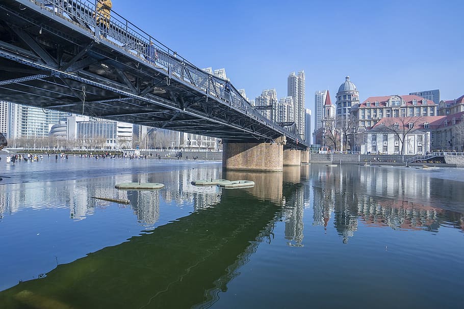 waters, reflection, river, bridge, building, tianjin, architecture HD wallpaper