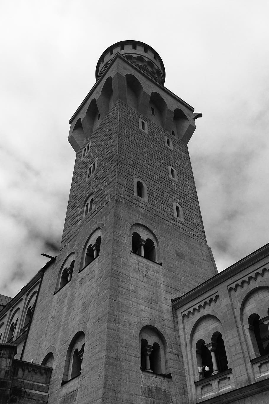 neuschwanstein, castle, munich, germany, black and white, tower HD wallpaper
