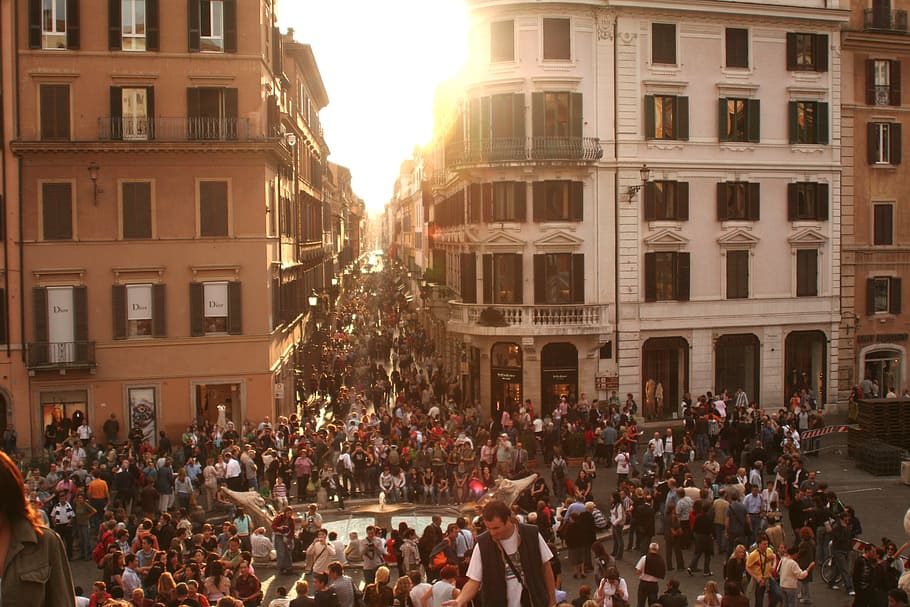 People Gathering during Sunset, activity, buildings, community HD wallpaper
