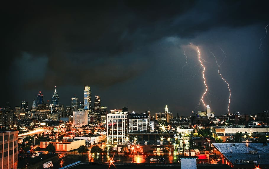 lighting strikes on city, assorted string lights, skyscraper HD wallpaper