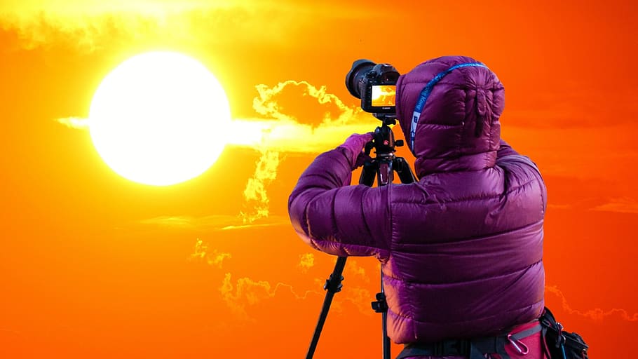 sunset, photograph, beautiful, waist up, technology, holding HD wallpaper