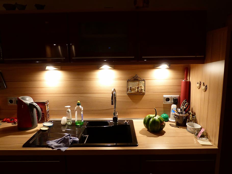küchendeko, light, sink, illuminated, table, indoors, lighting equipment HD wallpaper