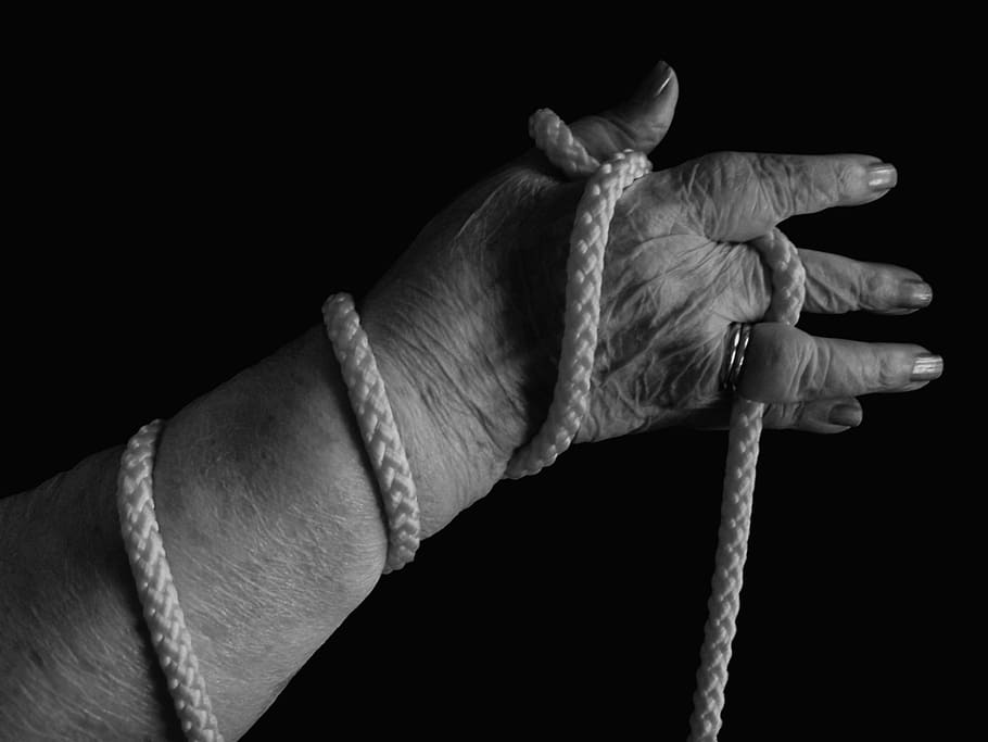 grayscale photo of woman holding rope, hand, caught, bound HD wallpaper