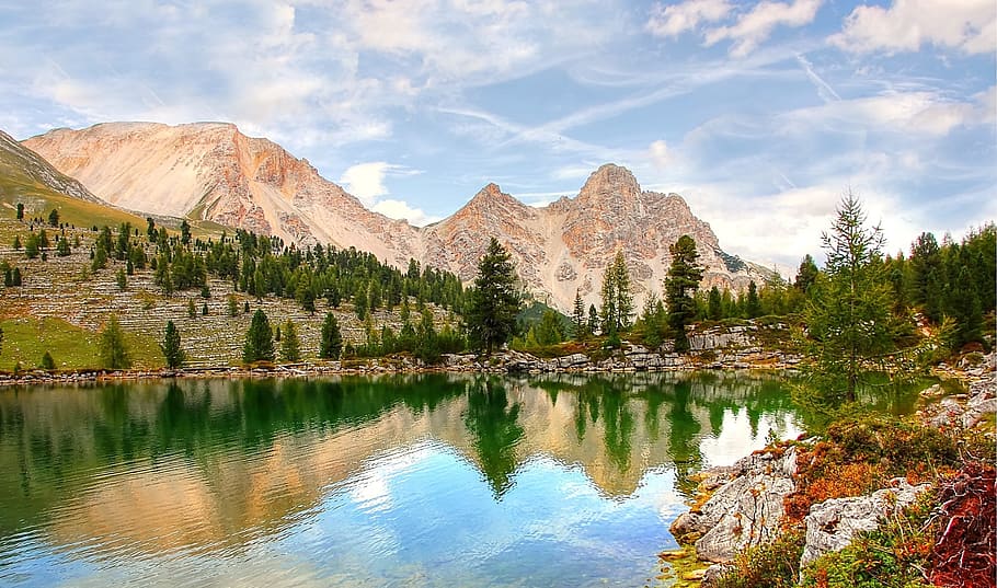 pine trees beside body of water, fanes, dolomites, landscape HD wallpaper