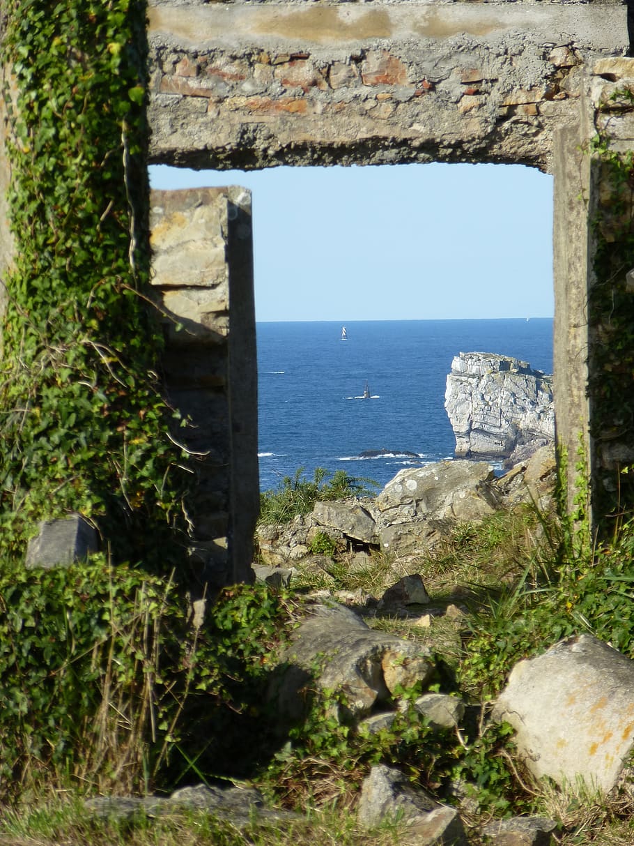 ruin, window, ocean, water, sea, nature, horizon, sky, horizon over water HD wallpaper