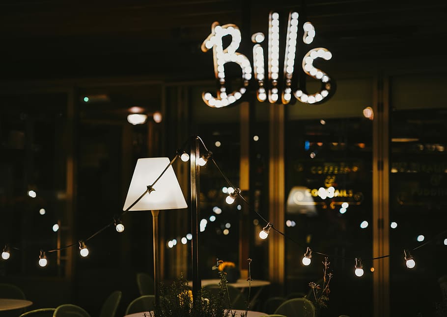 Bills restaurant, Bills signage, light, shop, window, lamp, illuminated HD wallpaper