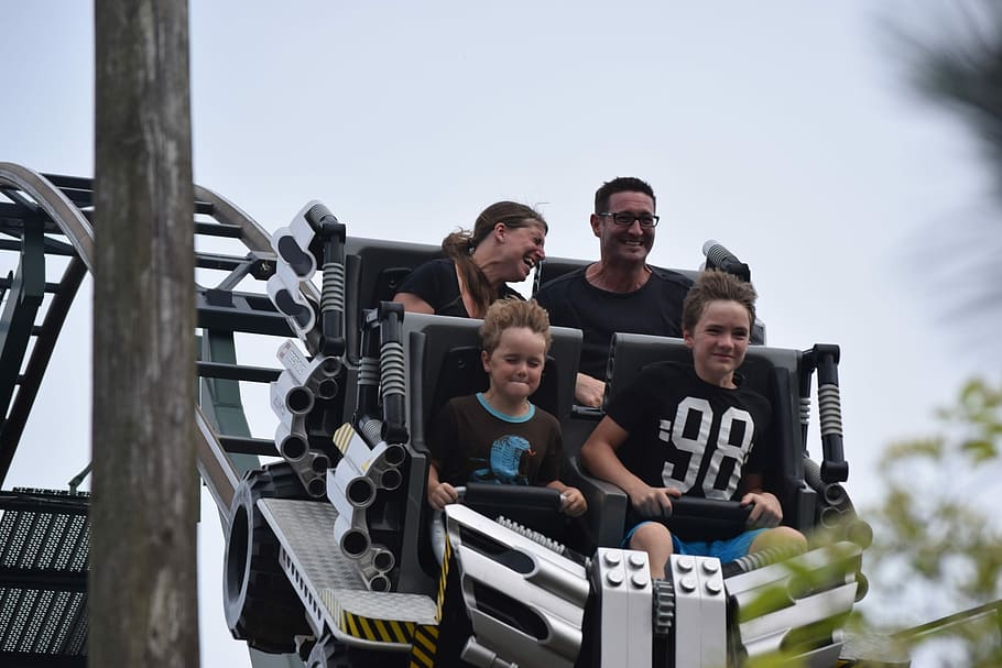 family of four riding roller coaster, Legoland, Fun, Denmark, HD wallpaper