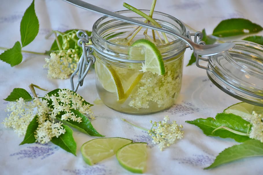 photograph of lemon juice on clear glass canister, elder, elderflower HD wallpaper