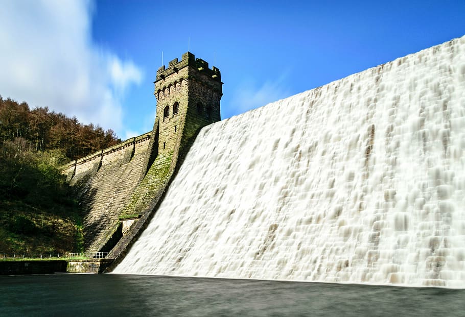 dam, wall, water, architecture, reservoir, landscape, flood HD wallpaper