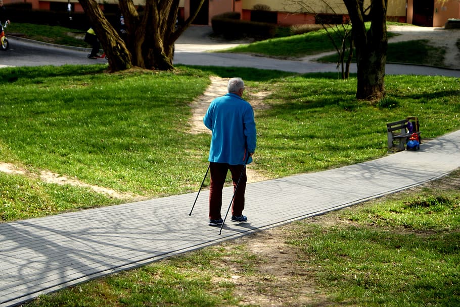 Go, Sticks, older, man, reaching, walkway, the path, grass, HD wallpaper