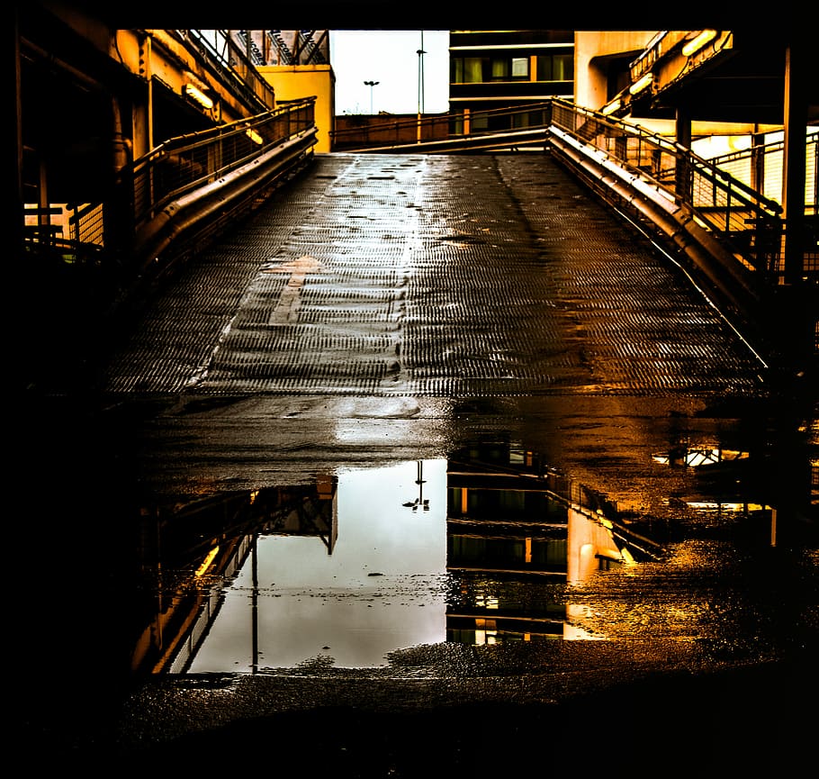 brown concrete ramp, water puddle on road, path, street, railing HD wallpaper