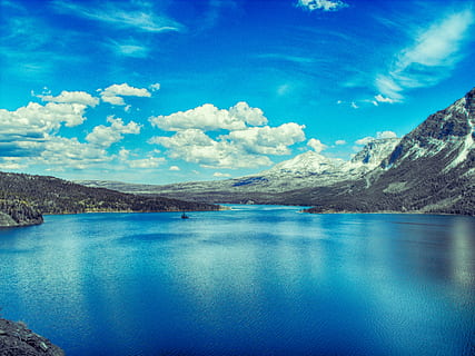 landscape photography of body of water surrounded by mountains HD wallpaper