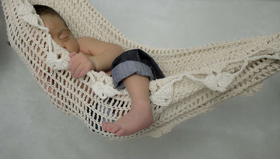 baby on white knit hammock, apple, sleeping, network, hand HD wallpaper