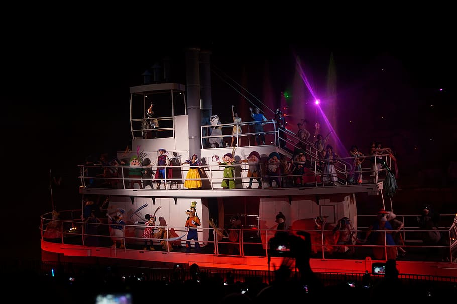 boat, characters, trip, disney, night, exposure, children, fun HD wallpaper
