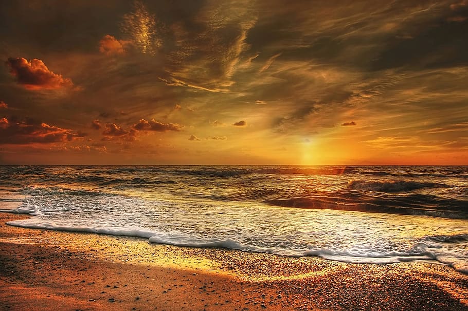 landscape photo of seashore during dusk, sun, beach, denmark HD wallpaper