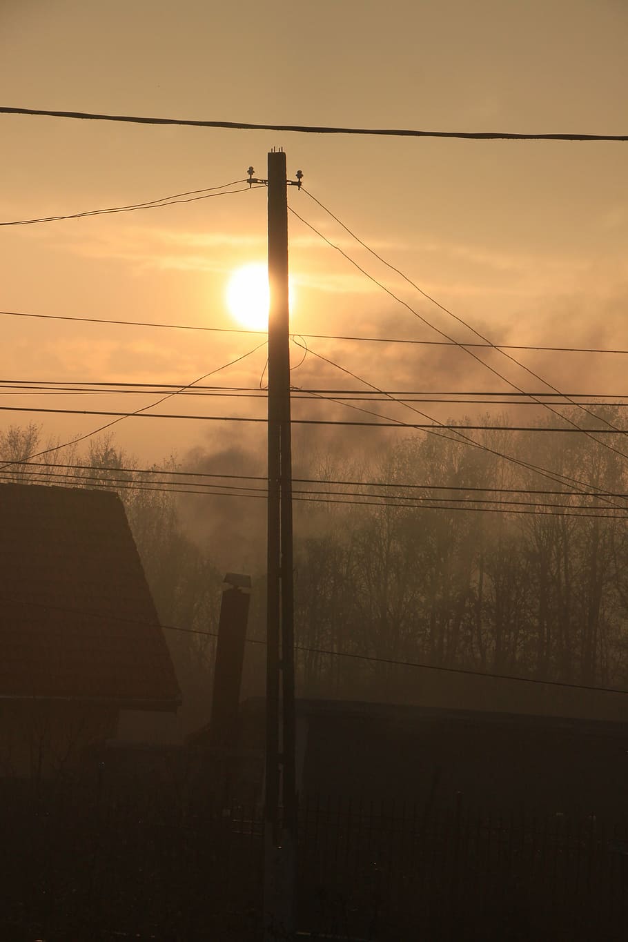 sunset, smoke, chimney, power, lines, mist, winter, dusk, nature HD wallpaper