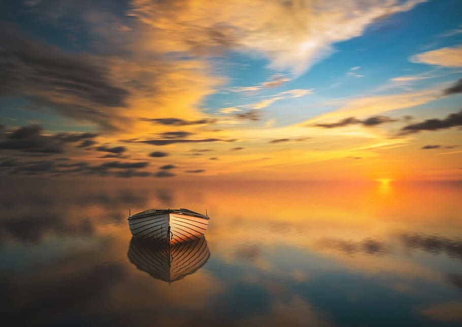 brown canoe on calm body of water during golden hour, sunset HD wallpaper