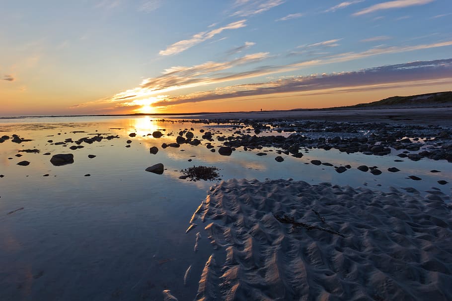 sunset over body of water, Sea, Horizon, Beach, sky, landscape HD wallpaper