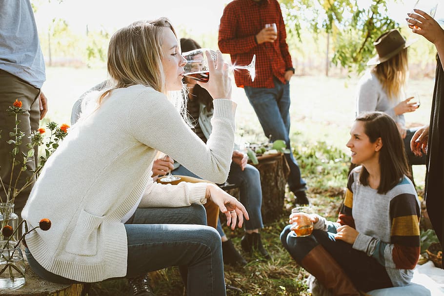 woman sitting near people while drinking, woman drinking red wine while sitting on brown chair in-front of another woman HD wallpaper