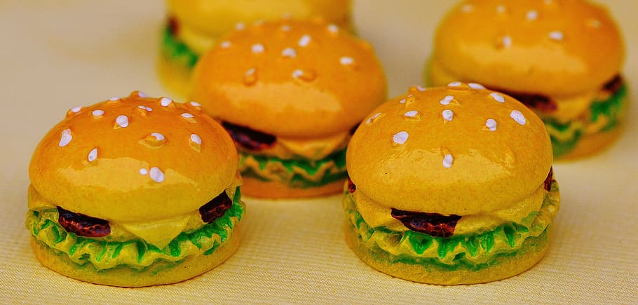 four hamburger decors, cheeseburger, miniature, ceramic, funny, HD wallpaper