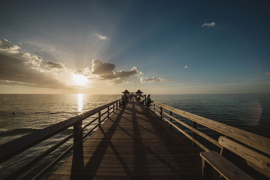 Close-up of Bridge over Sea at Sunset, clouds, dawn, dock, dusk HD wallpaper