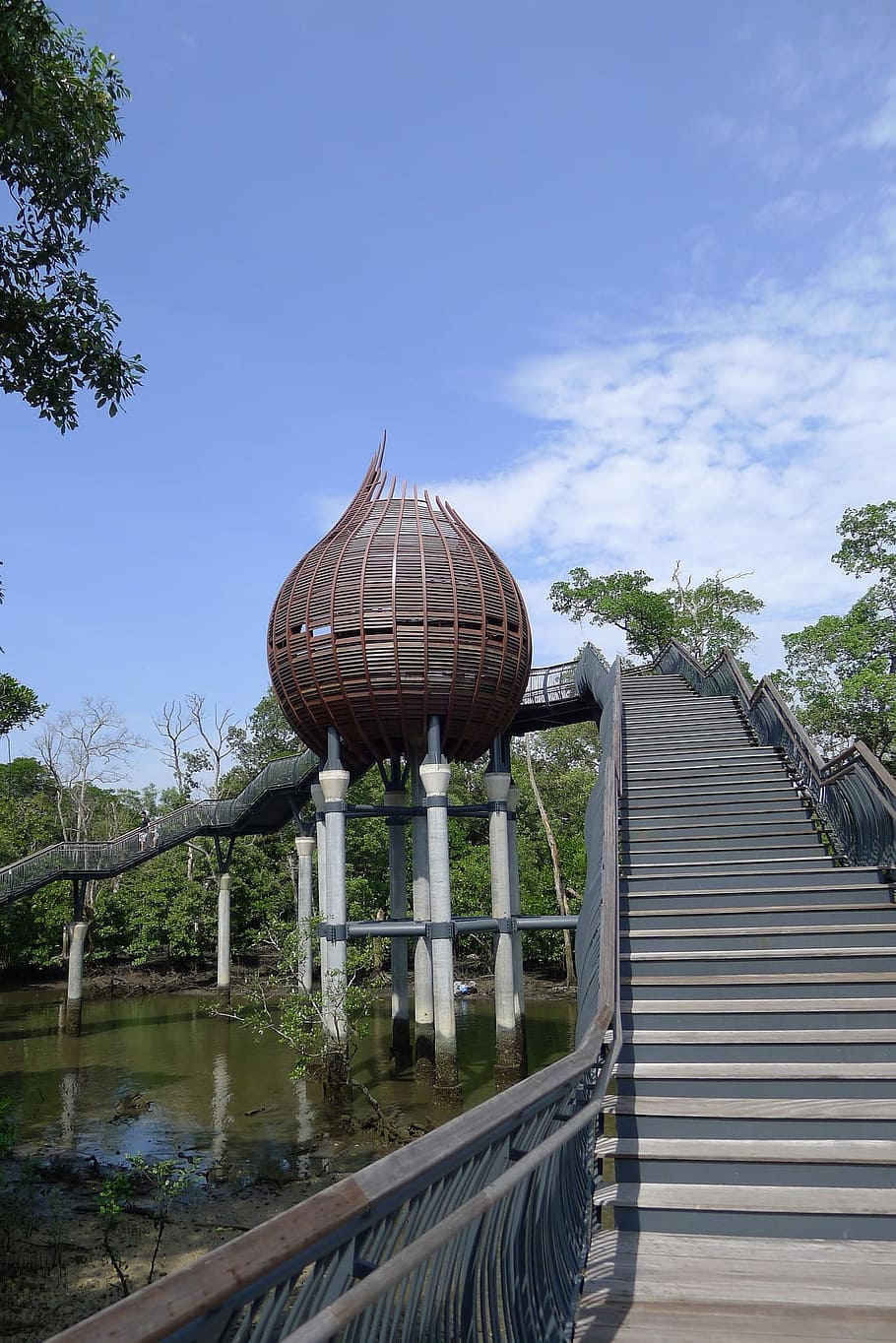 photo of gray metal staircase near body of water, asia, architecture HD wallpaper