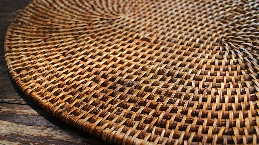 brown wicker table mat, bamboo, desk, surface, furniture, texture
