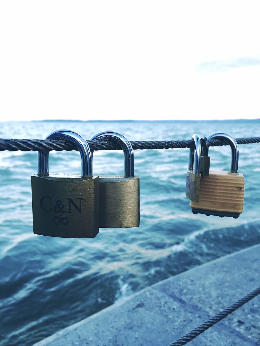 beach, hanged, locks, love, love padlocks, ocean, outdoors HD wallpaper